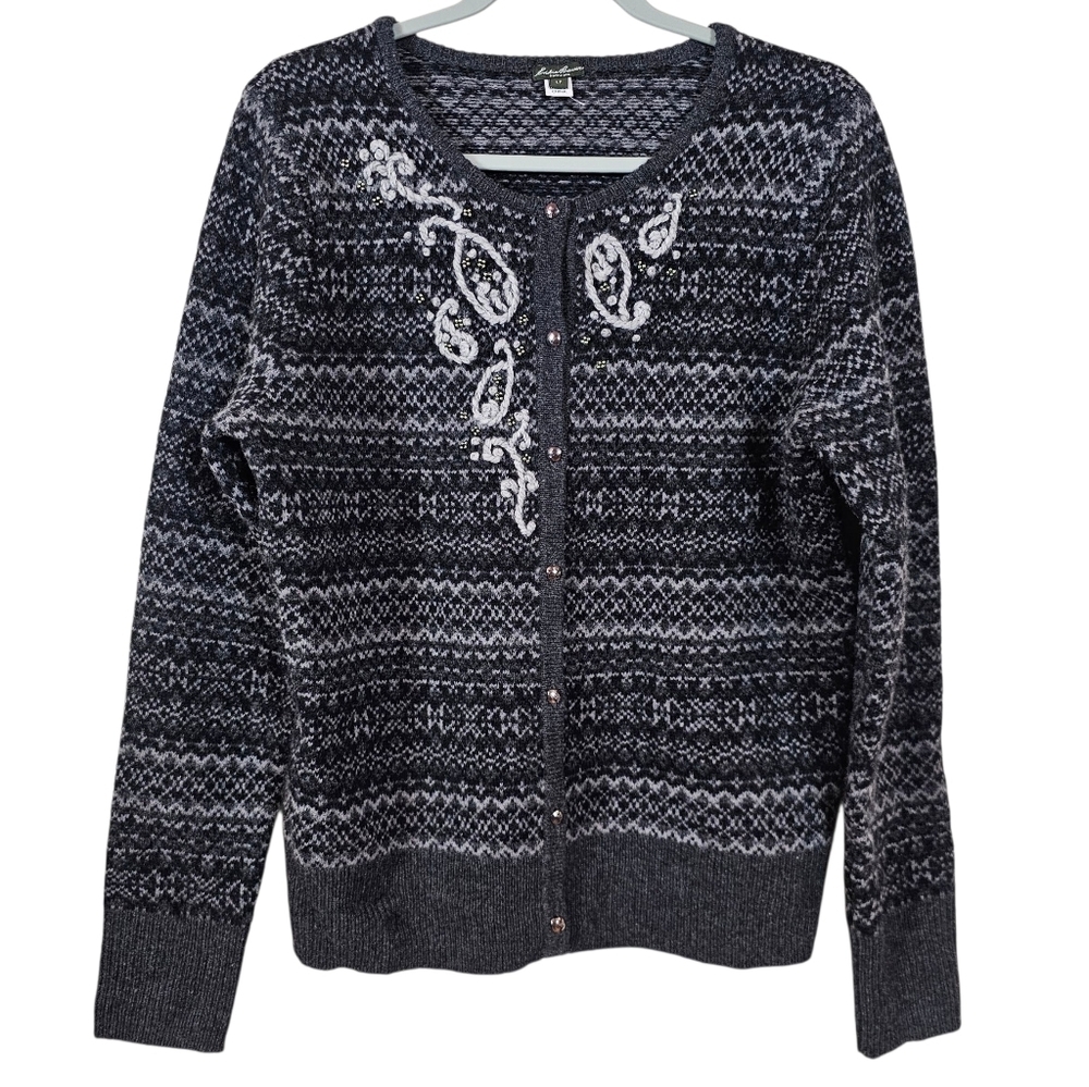 Eddie Bauer Lambswool Cashmere Blend Button Down Paisley Fair Isle Cardigan